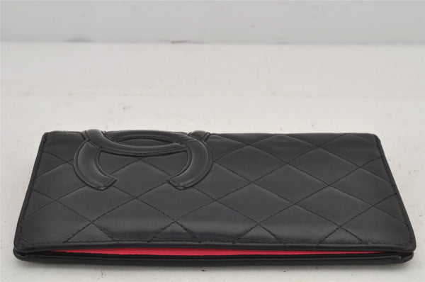 Authentic CHANEL Calf Skin Cambon Line CC Logo Bifold Long Wallet Black 7682J