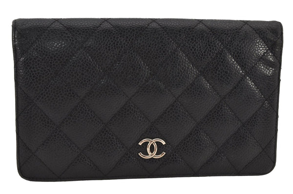 Authentic CHANEL Matelasse Caviar Skin CC Logo Bifold Long Wallet Black 7684J