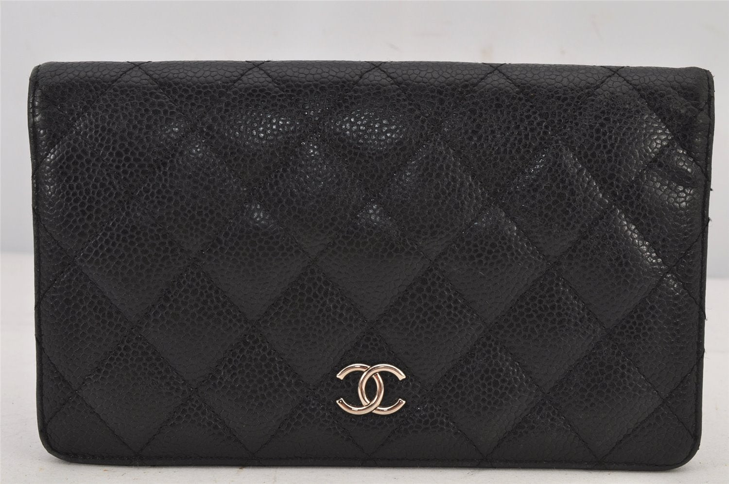 Authentic CHANEL Matelasse Caviar Skin CC Logo Bifold Long Wallet Black 7684J