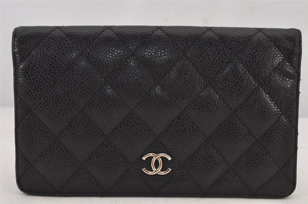 Authentic CHANEL Matelasse Caviar Skin CC Logo Bifold Long Wallet Black 7684J