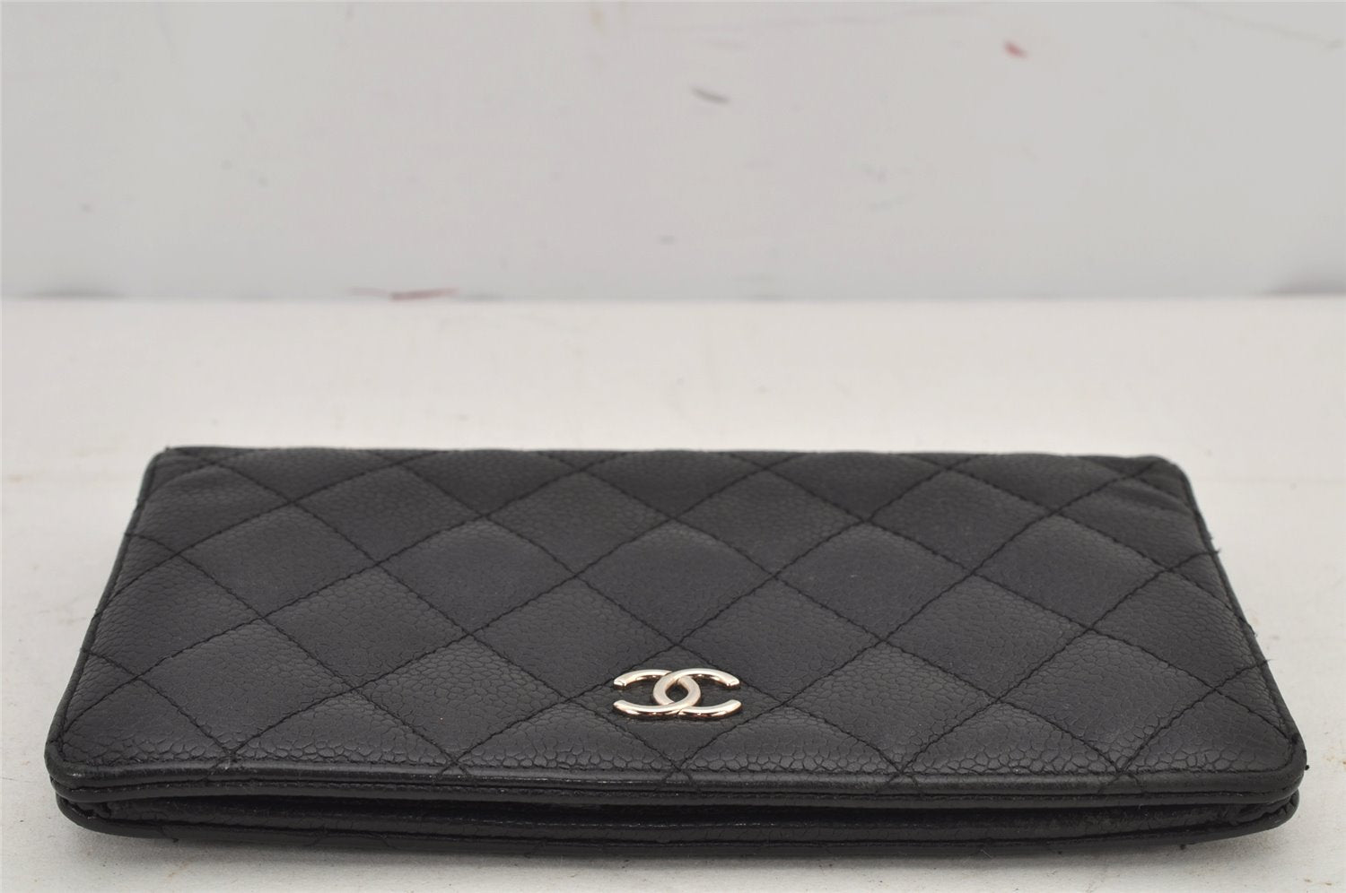 Authentic CHANEL Matelasse Caviar Skin CC Logo Bifold Long Wallet Black 7684J