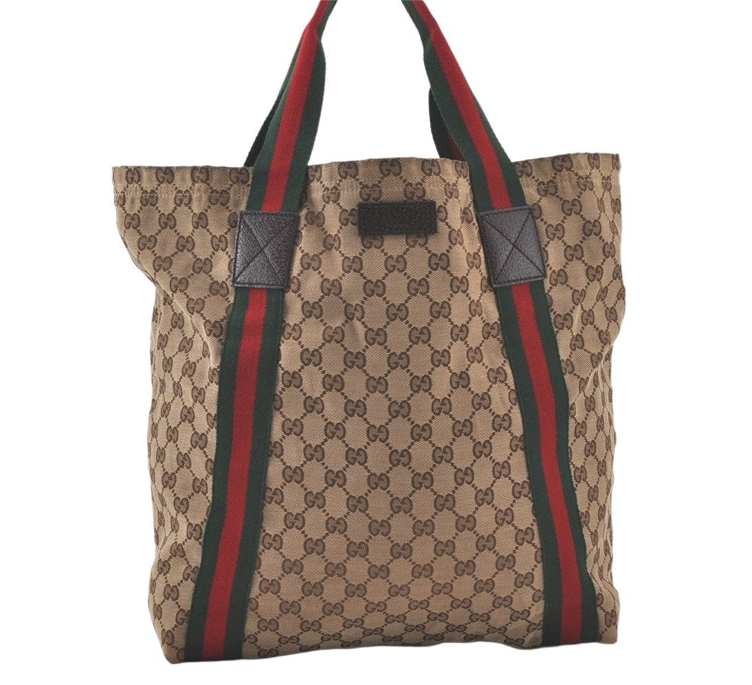 Authentic GUCCI Web Sherry Line Shoulder Tote Bag GG Canvas Leather Brown 7684K