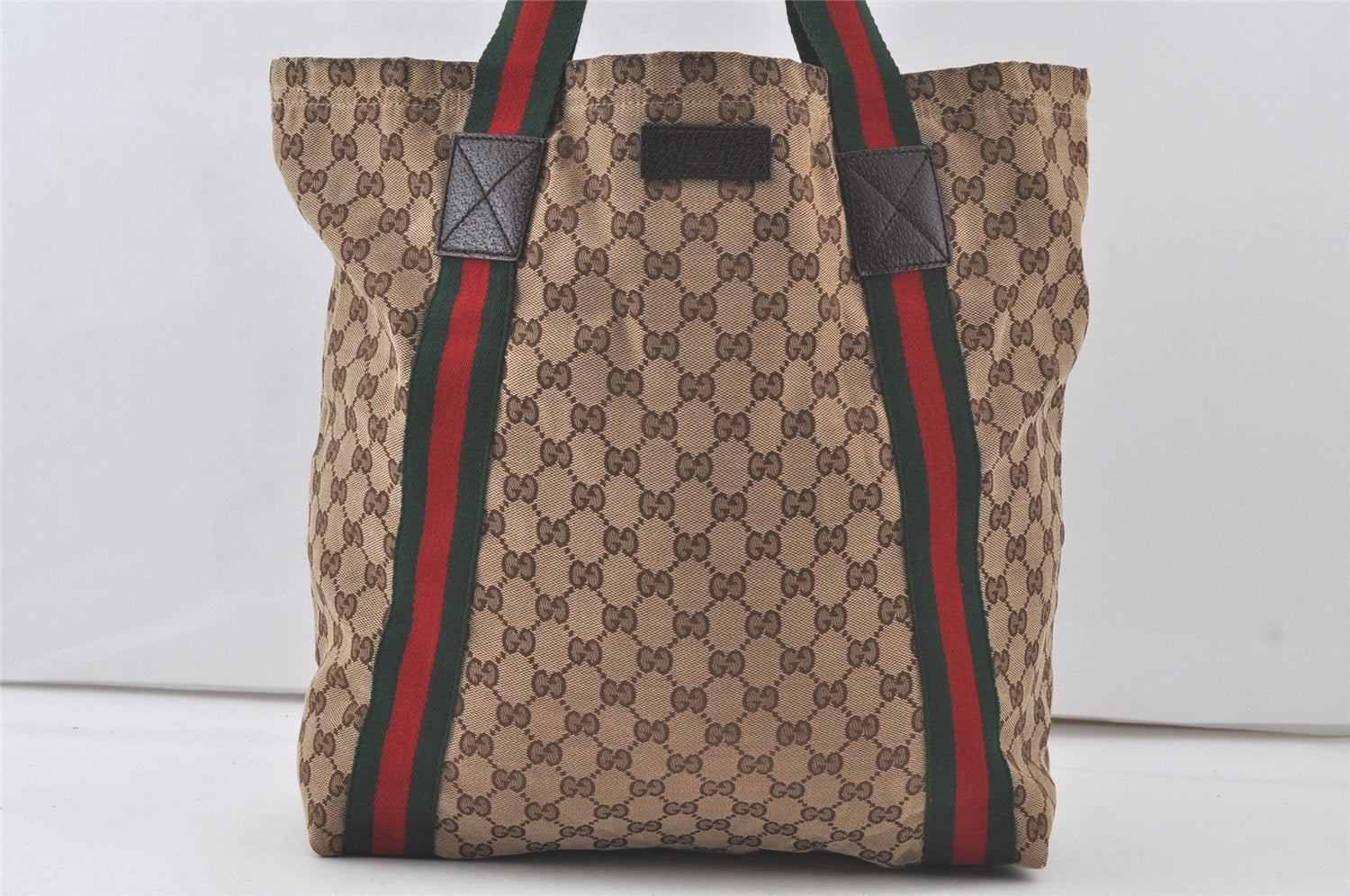 Authentic GUCCI Web Sherry Line Shoulder Tote Bag GG Canvas Leather Brown 7684K