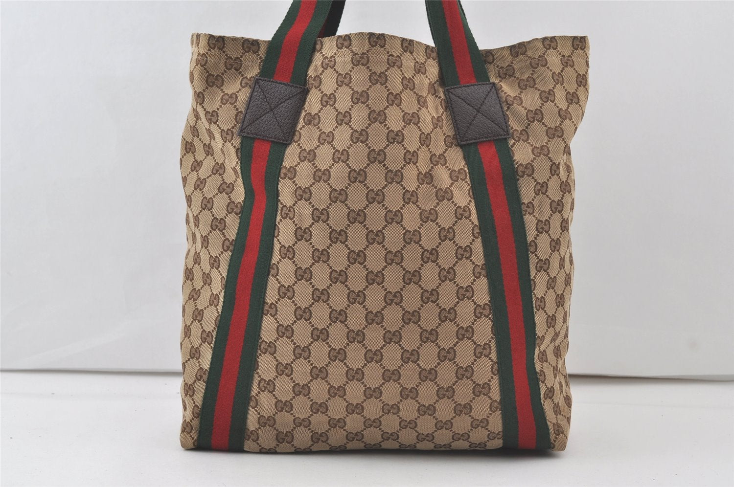 Authentic GUCCI Web Sherry Line Shoulder Tote Bag GG Canvas Leather Brown 7684K