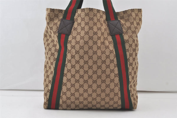 Authentic GUCCI Web Sherry Line Shoulder Tote Bag GG Canvas Leather Brown 7684K