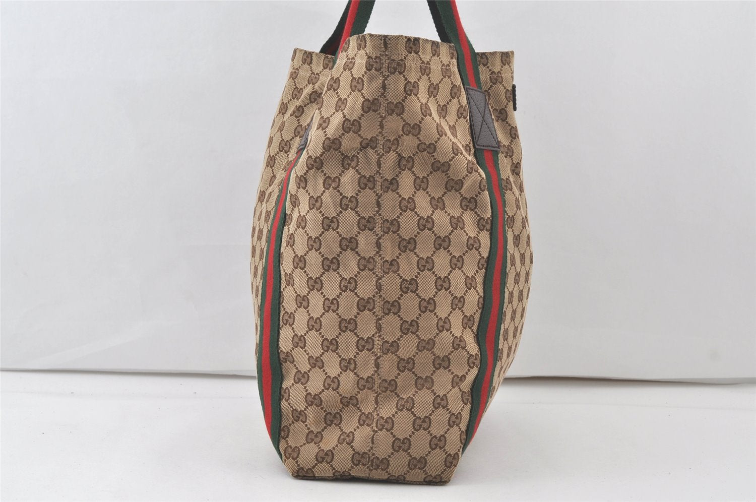 Authentic GUCCI Web Sherry Line Shoulder Tote Bag GG Canvas Leather Brown 7684K