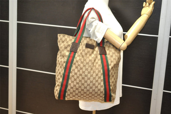 Authentic GUCCI Web Sherry Line Shoulder Tote Bag GG Canvas Leather Brown 7684K