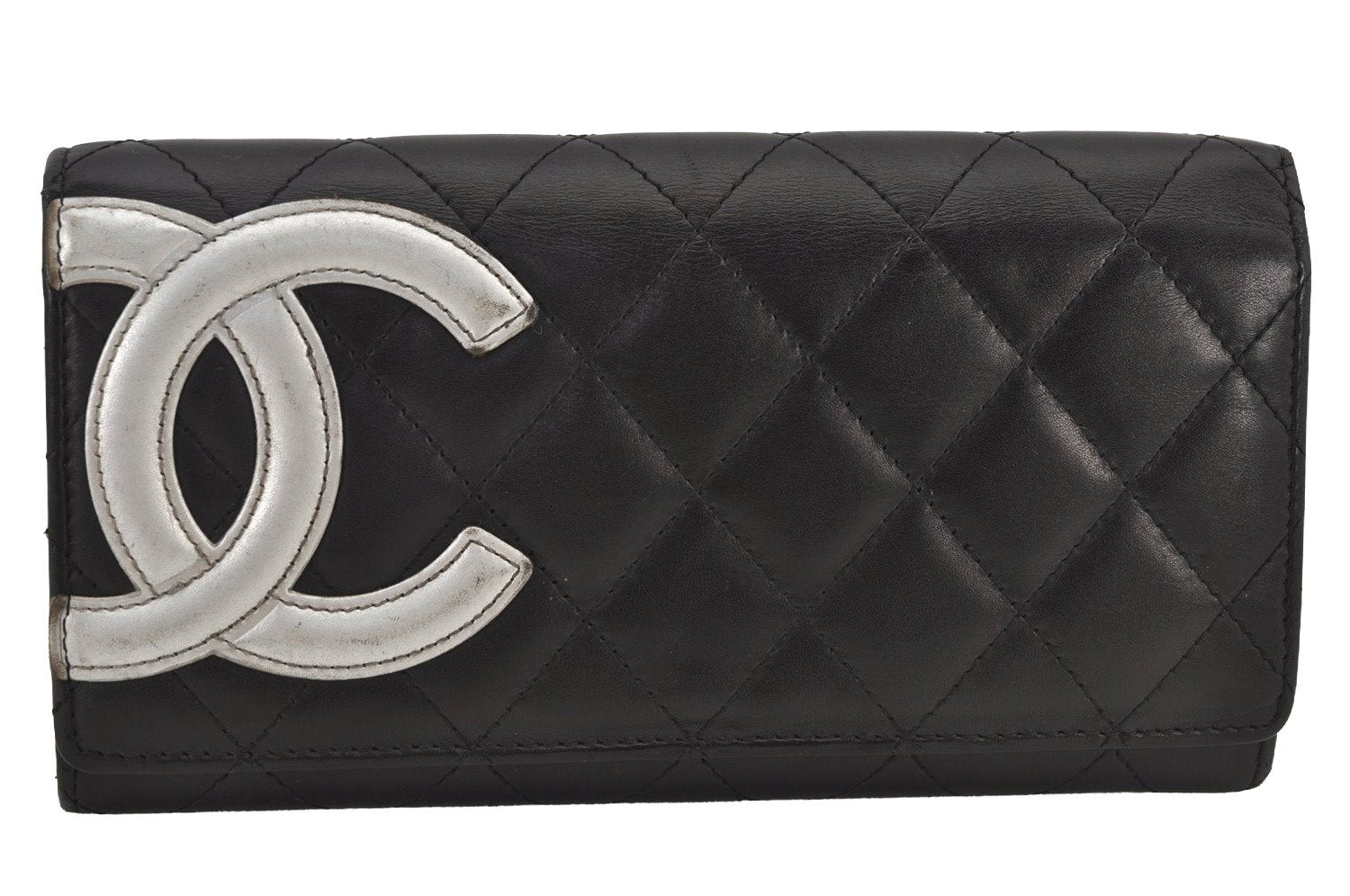 Authentic CHANEL Calf Skin Cambon Line CC Logo Long Wallet Purse Black 7685J