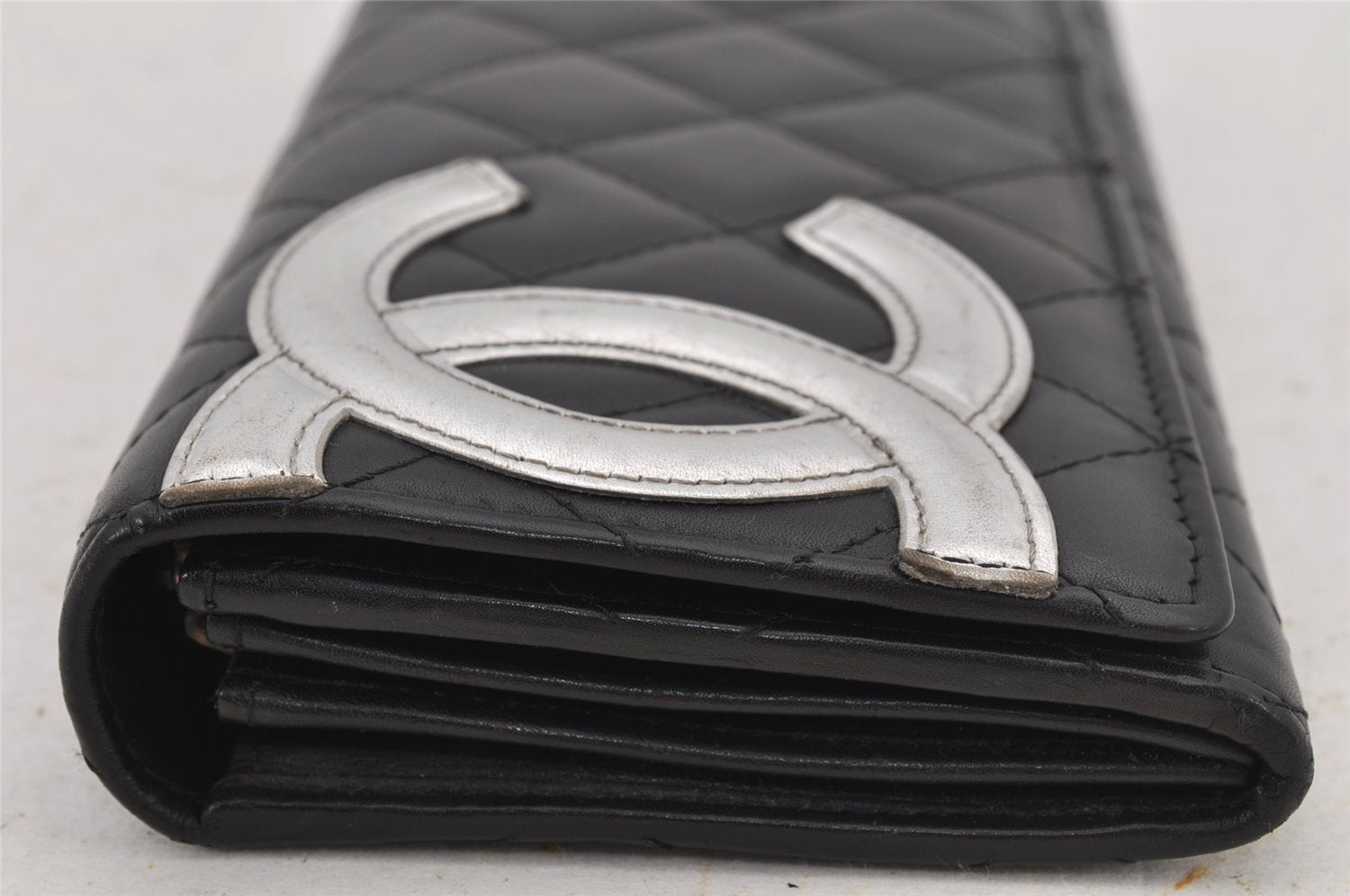 Authentic CHANEL Calf Skin Cambon Line CC Logo Long Wallet Purse Black 7685J