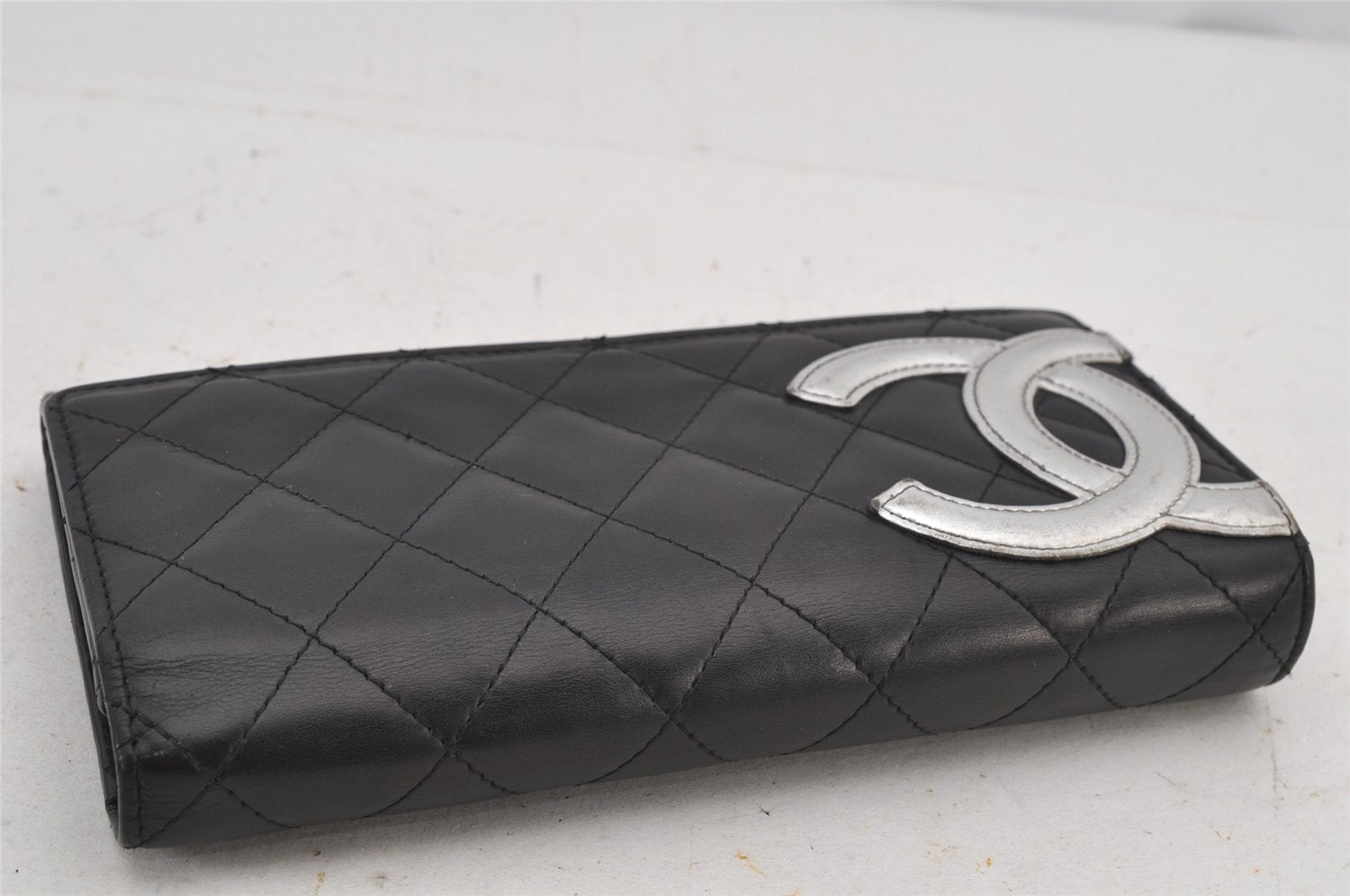 Authentic CHANEL Calf Skin Cambon Line CC Logo Long Wallet Purse Black 7685J