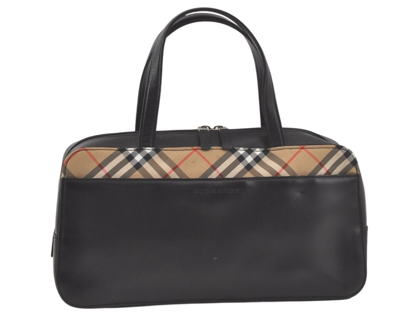 Authentic BURBERRY Vintage Nova Check Leather Hand Boston Bag Black 7686K