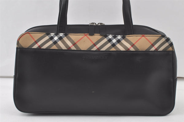 Authentic BURBERRY Vintage Nova Check Leather Hand Boston Bag Black 7686K