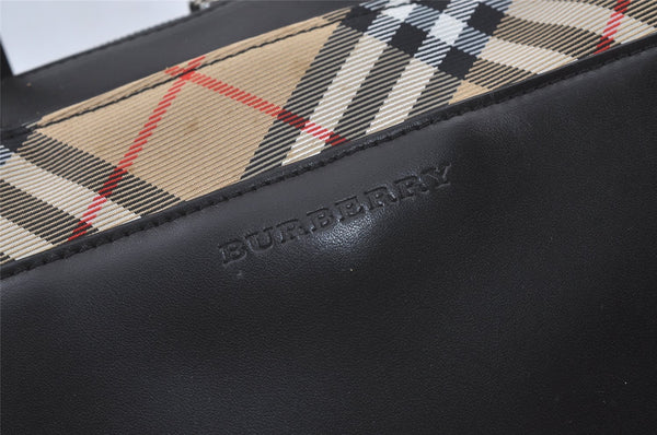 Authentic BURBERRY Vintage Nova Check Leather Hand Boston Bag Black 7686K