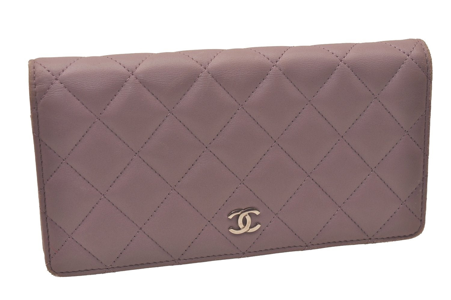 Authentic CHANEL Lamb Skin Matelasse Long Bifold Wallet Light Purple CC  7687J