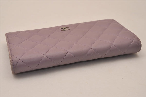 Authentic CHANEL Lamb Skin Matelasse Long Bifold Wallet Light Purple CC  7687J