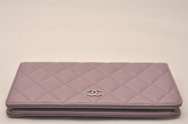 Authentic CHANEL Lamb Skin Matelasse Long Bifold Wallet Light Purple CC  7687J