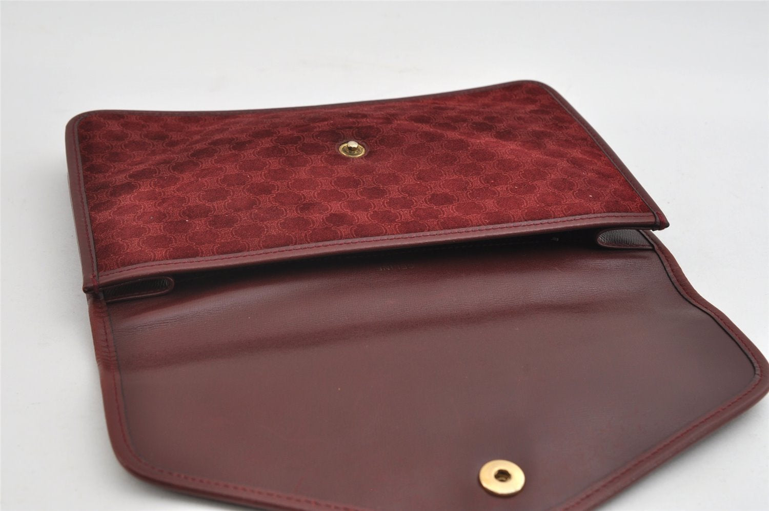 Authentic CELINE Macadam Blason Pattern Clutch Bag Suede Leather Bordeaux 7691I