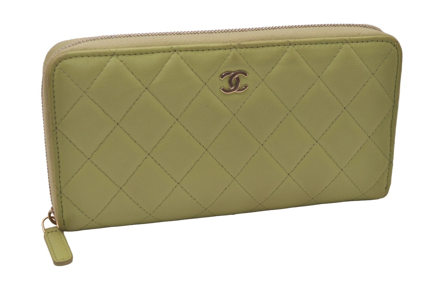 Authentic CHANEL Lamb Skin Matelasse Long Wallet Purse Light Green CC 7692J