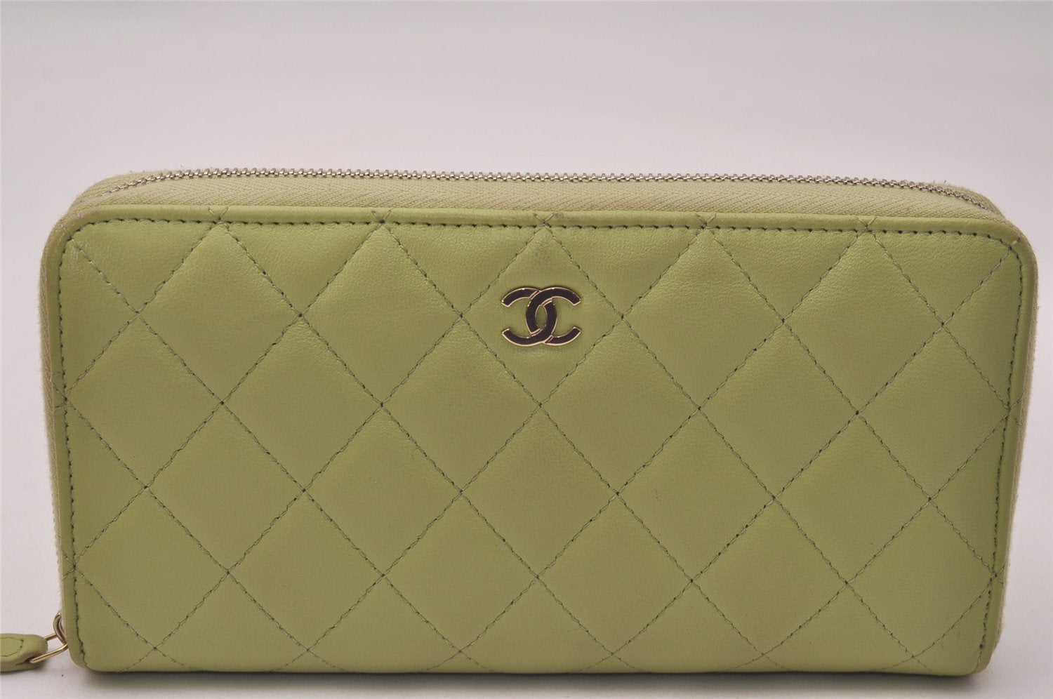 Authentic CHANEL Lamb Skin Matelasse Long Wallet Purse Light Green CC 7692J