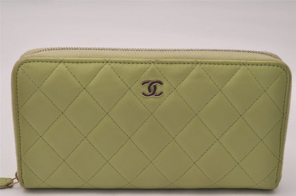 Authentic CHANEL Lamb Skin Matelasse Long Wallet Purse Light Green CC 7692J