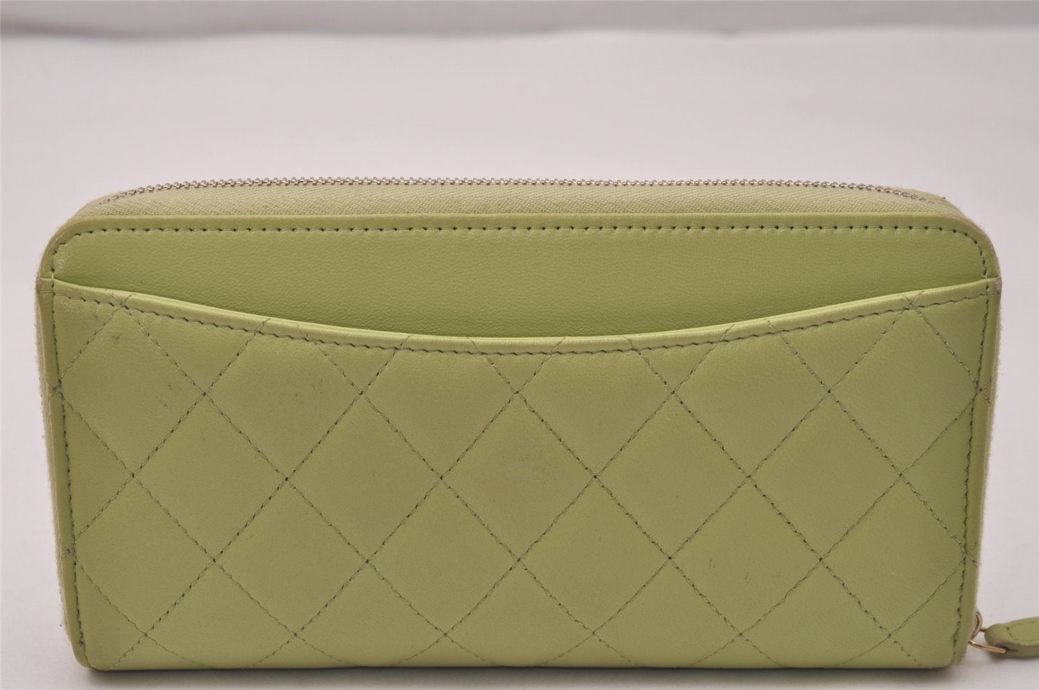 Authentic CHANEL Lamb Skin Matelasse Long Wallet Purse Light Green CC 7692J