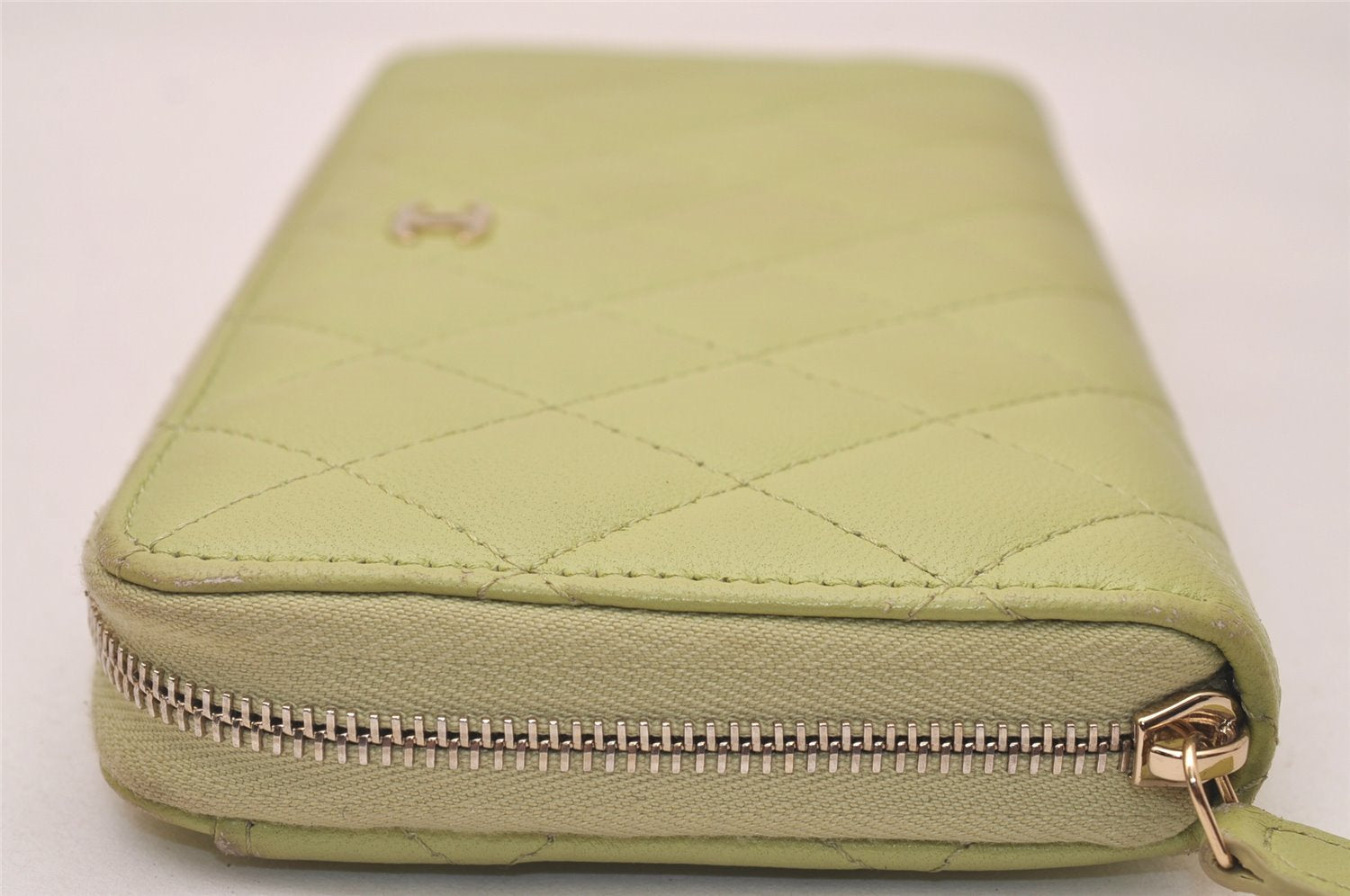 Authentic CHANEL Lamb Skin Matelasse Long Wallet Purse Light Green CC 7692J