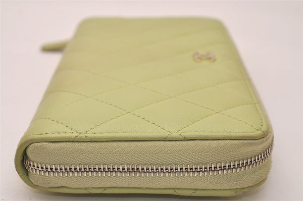 Authentic CHANEL Lamb Skin Matelasse Long Wallet Purse Light Green CC 7692J