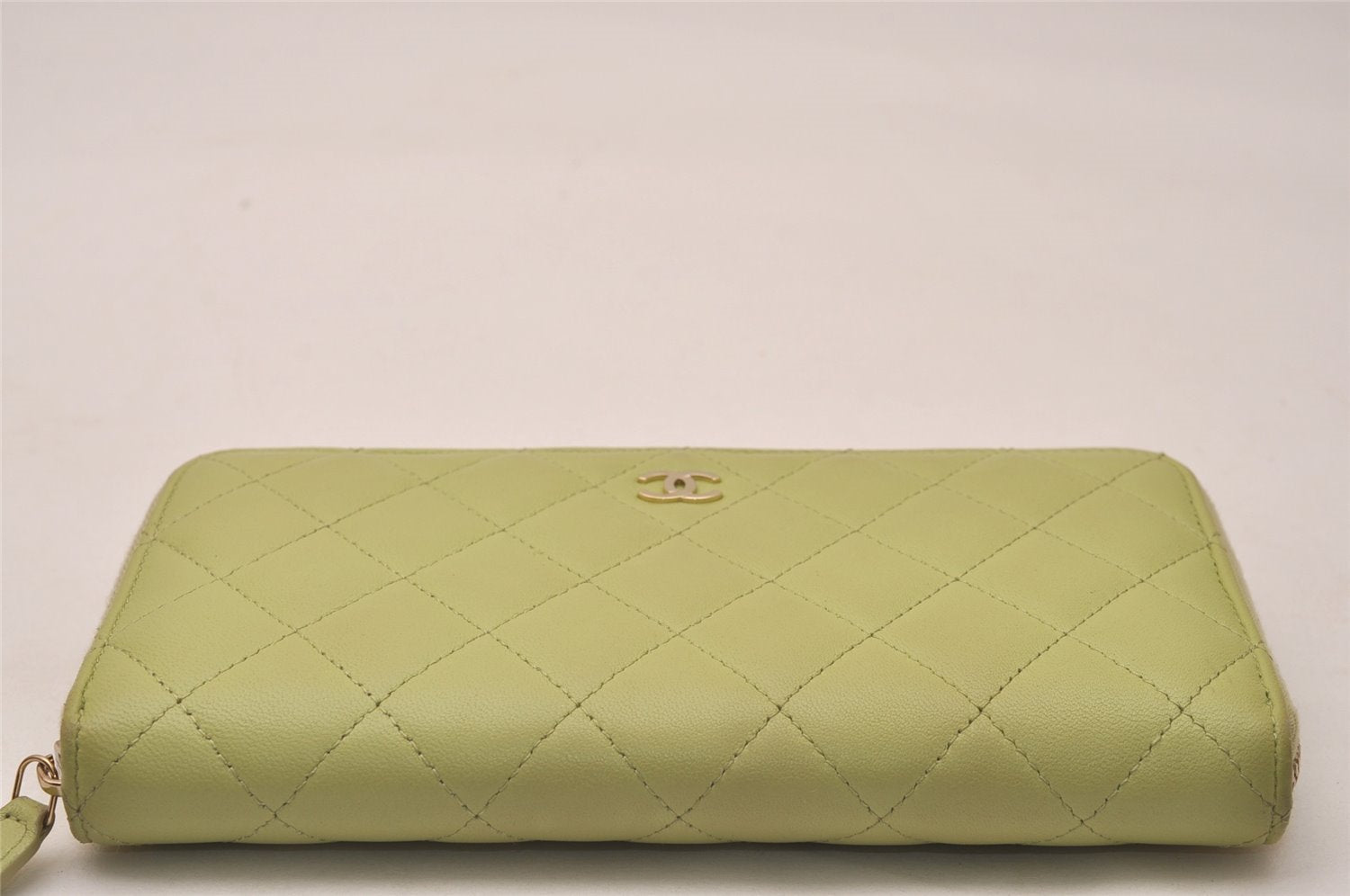 Authentic CHANEL Lamb Skin Matelasse Long Wallet Purse Light Green CC 7692J