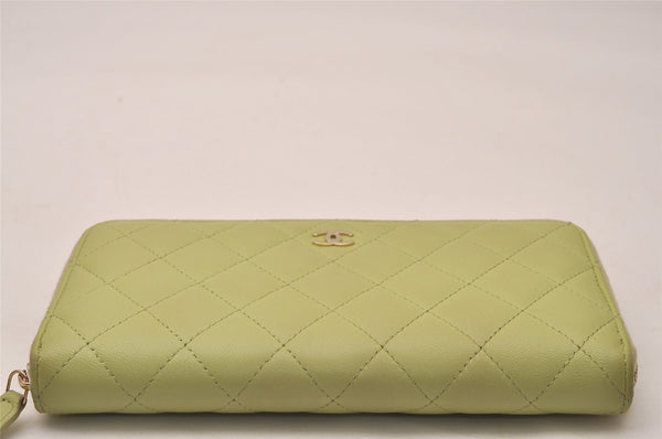 Authentic CHANEL Lamb Skin Matelasse Long Wallet Purse Light Green CC 7692J