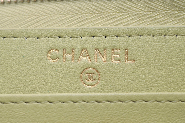 Authentic CHANEL Lamb Skin Matelasse Long Wallet Purse Light Green CC 7692J