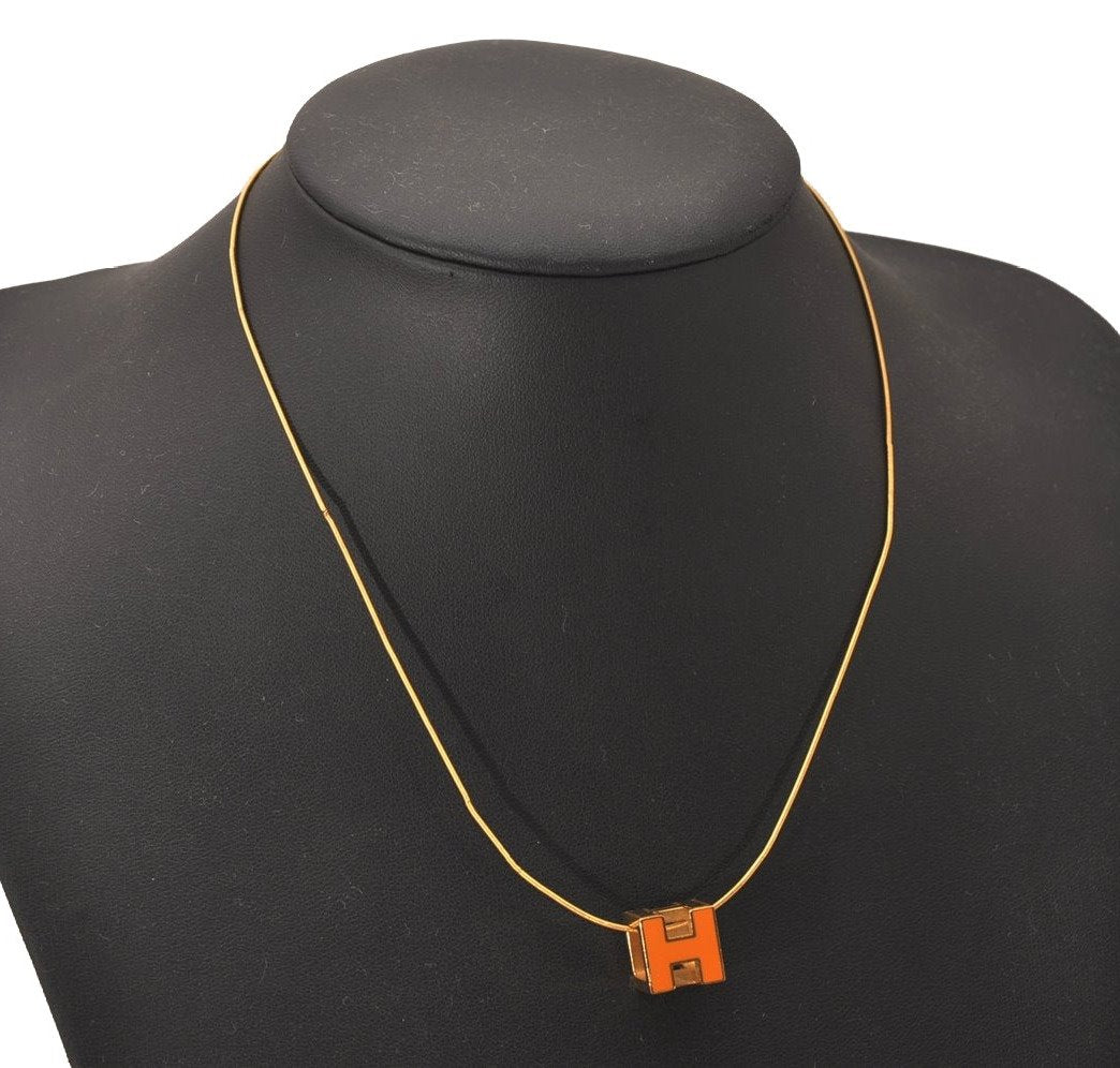 Authentic HERMES Cage De Ash H Cube Pendant Necklace Gold Orange Box 7695J