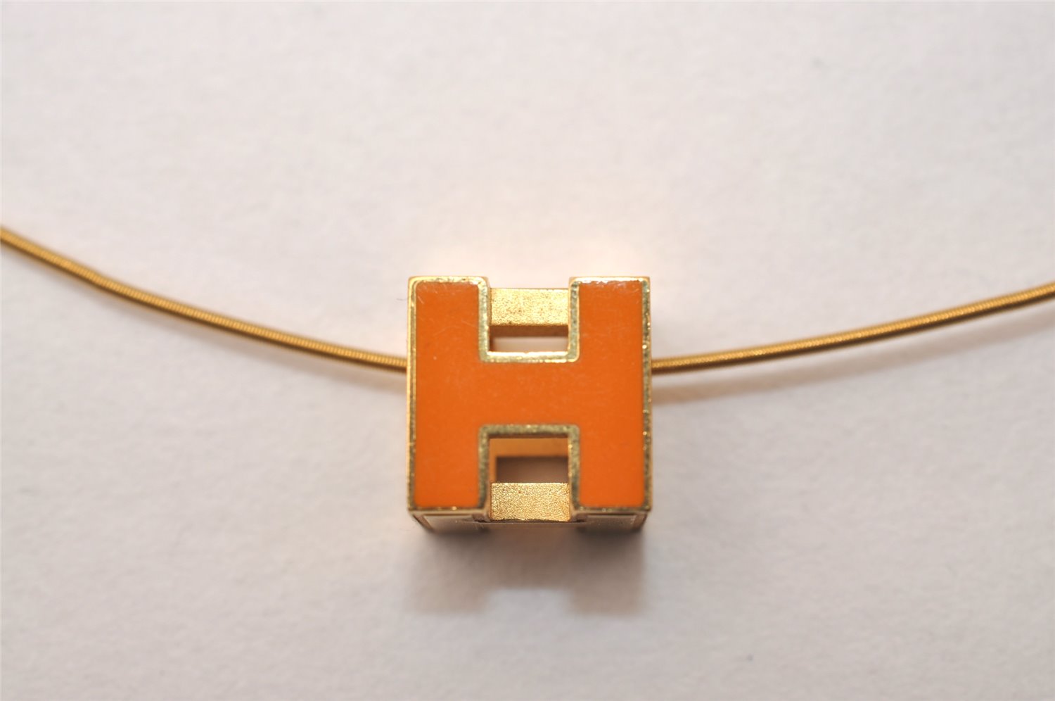 Authentic HERMES Cage De Ash H Cube Pendant Necklace Gold Orange Box 7695J