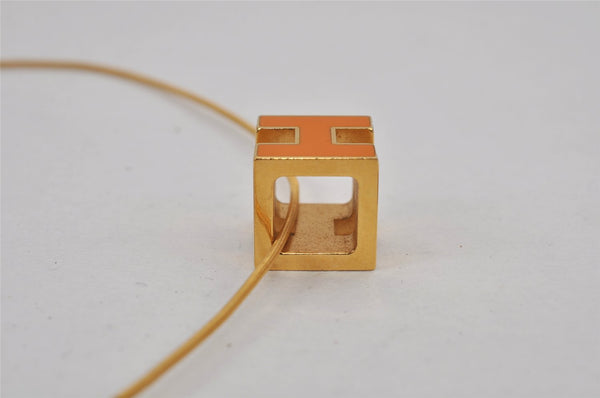 Authentic HERMES Cage De Ash H Cube Pendant Necklace Gold Orange Box 7695J