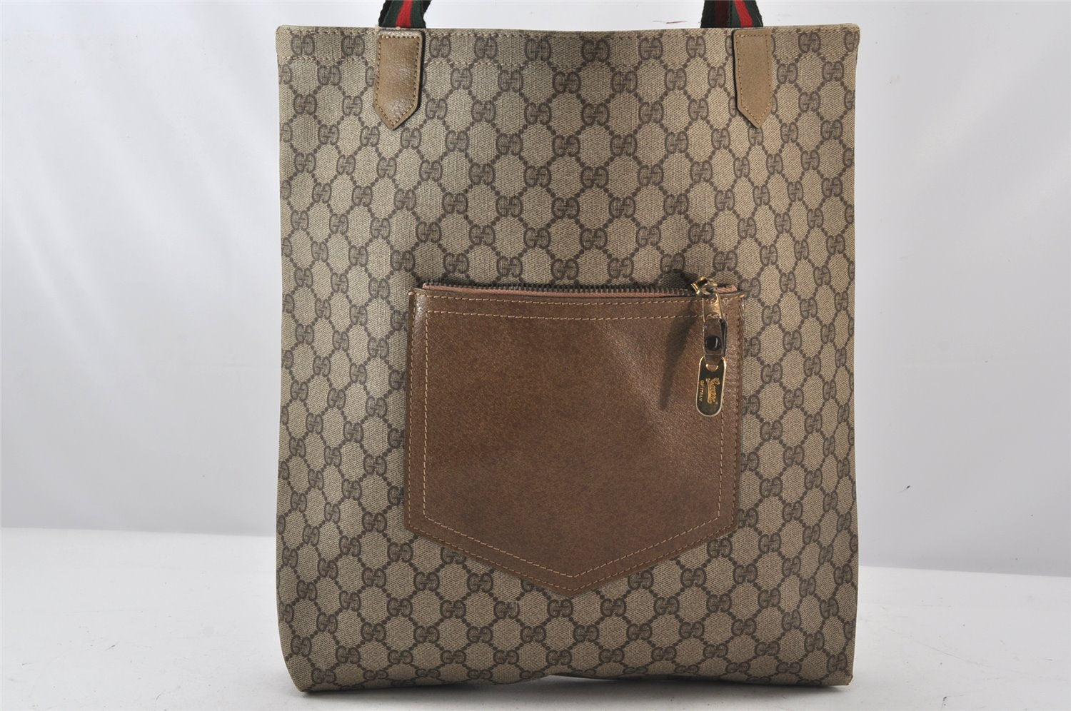 Authentic GUCCI Web Sherry Line Shoulder Tote Bag GG PVC Leather Brown 7696K