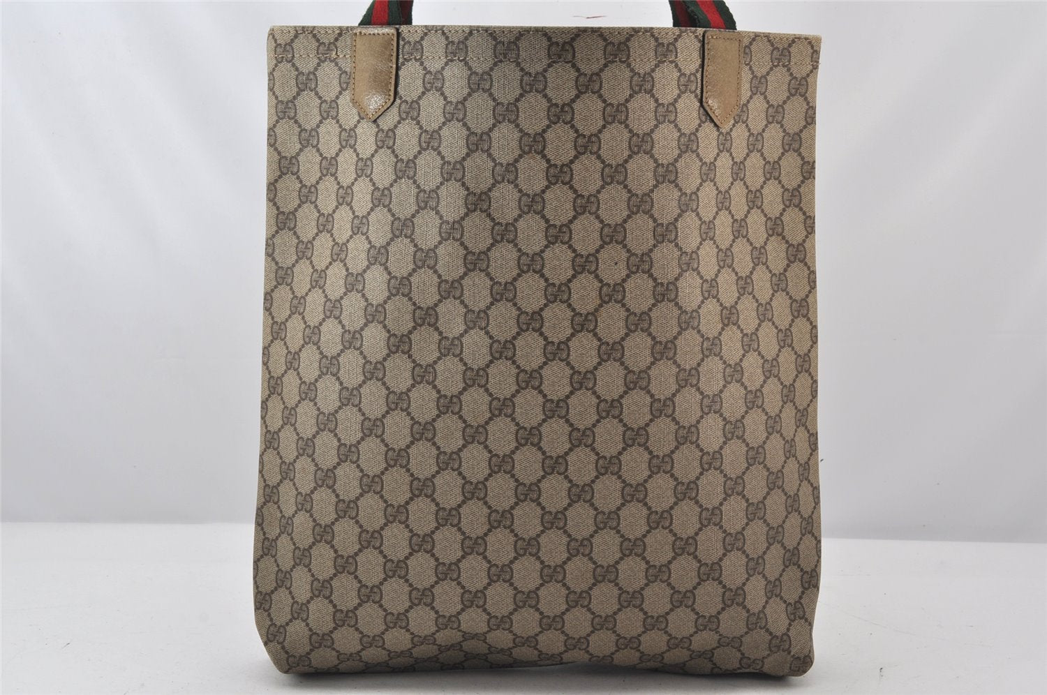 Authentic GUCCI Web Sherry Line Shoulder Tote Bag GG PVC Leather Brown 7696K