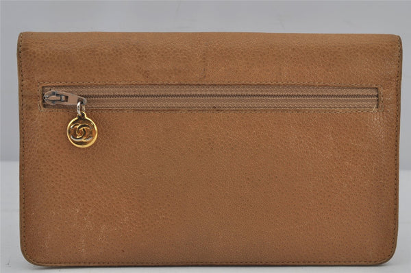Authentic CHANEL Caviar Skin Vintage CC Logo Long Wallet Purse Beige Junk 7697J