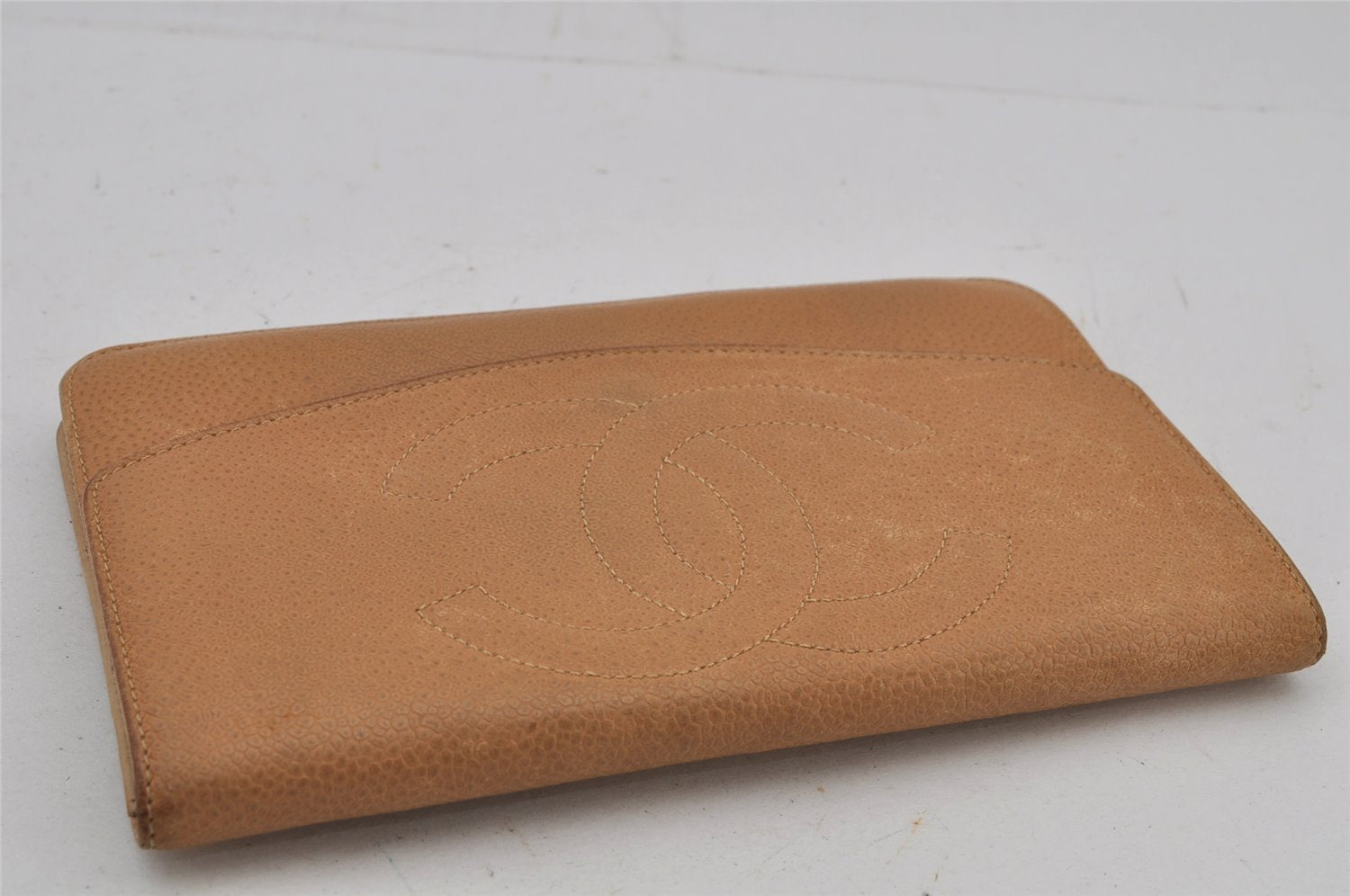 Authentic CHANEL Caviar Skin Vintage CC Logo Long Wallet Purse Beige Junk 7697J