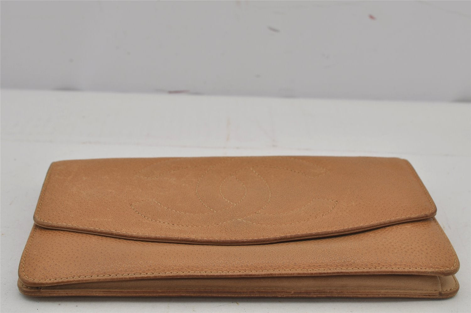 Authentic CHANEL Caviar Skin Vintage CC Logo Long Wallet Purse Beige Junk 7697J