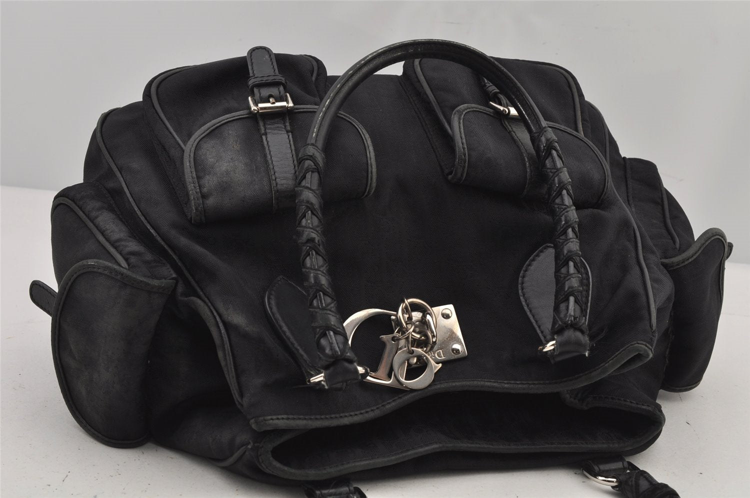 Authentic Christian Dior Trotter Lovely Hand Bag Purse Nylon Leather Black 7704J