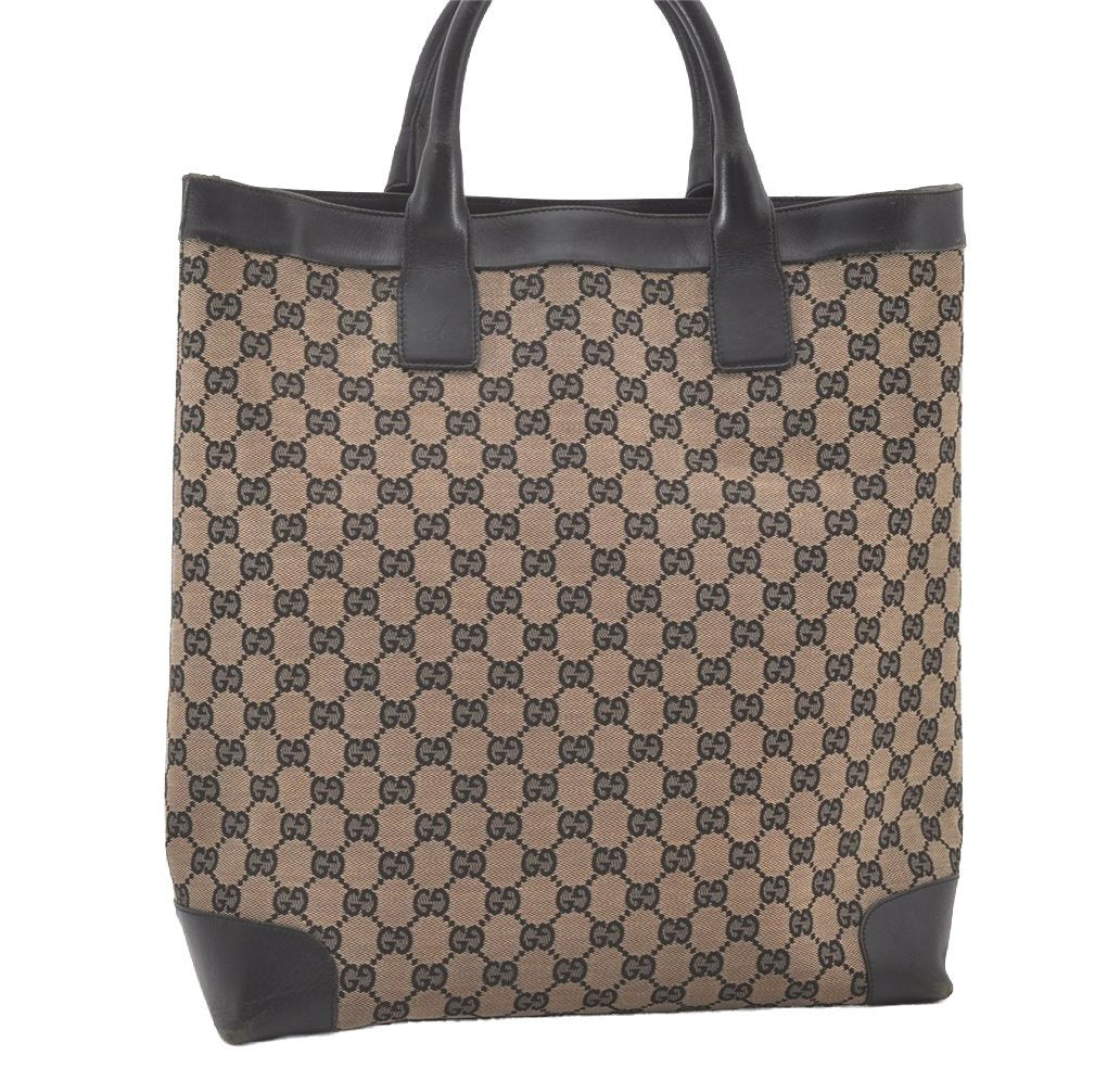 Authentic GUCCI Vintage Hand Tote Bag GG Canvas Leather 0021121 Black 7707J
