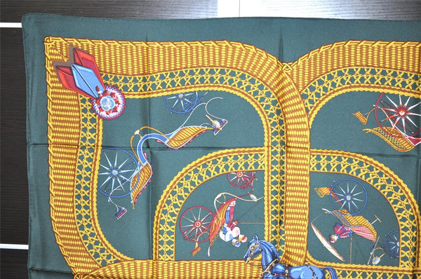 Authentic HERMES Carre 90 Scarf "VOITURES PANIERS" Silk Green Box 7709J