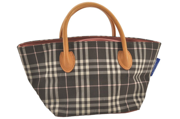 Authentic BURBERRY BLUE LABEL Check Tote Hand Bag Nylon Leather Brown 7713J