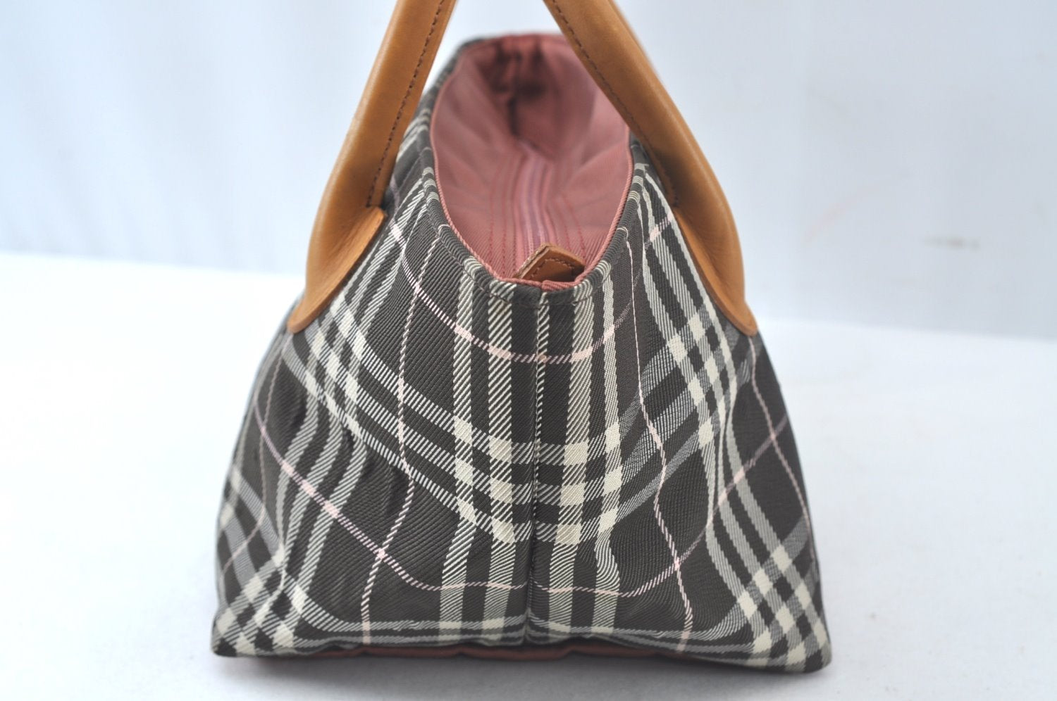 Authentic BURBERRY BLUE LABEL Check Tote Hand Bag Nylon Leather Brown 7713J