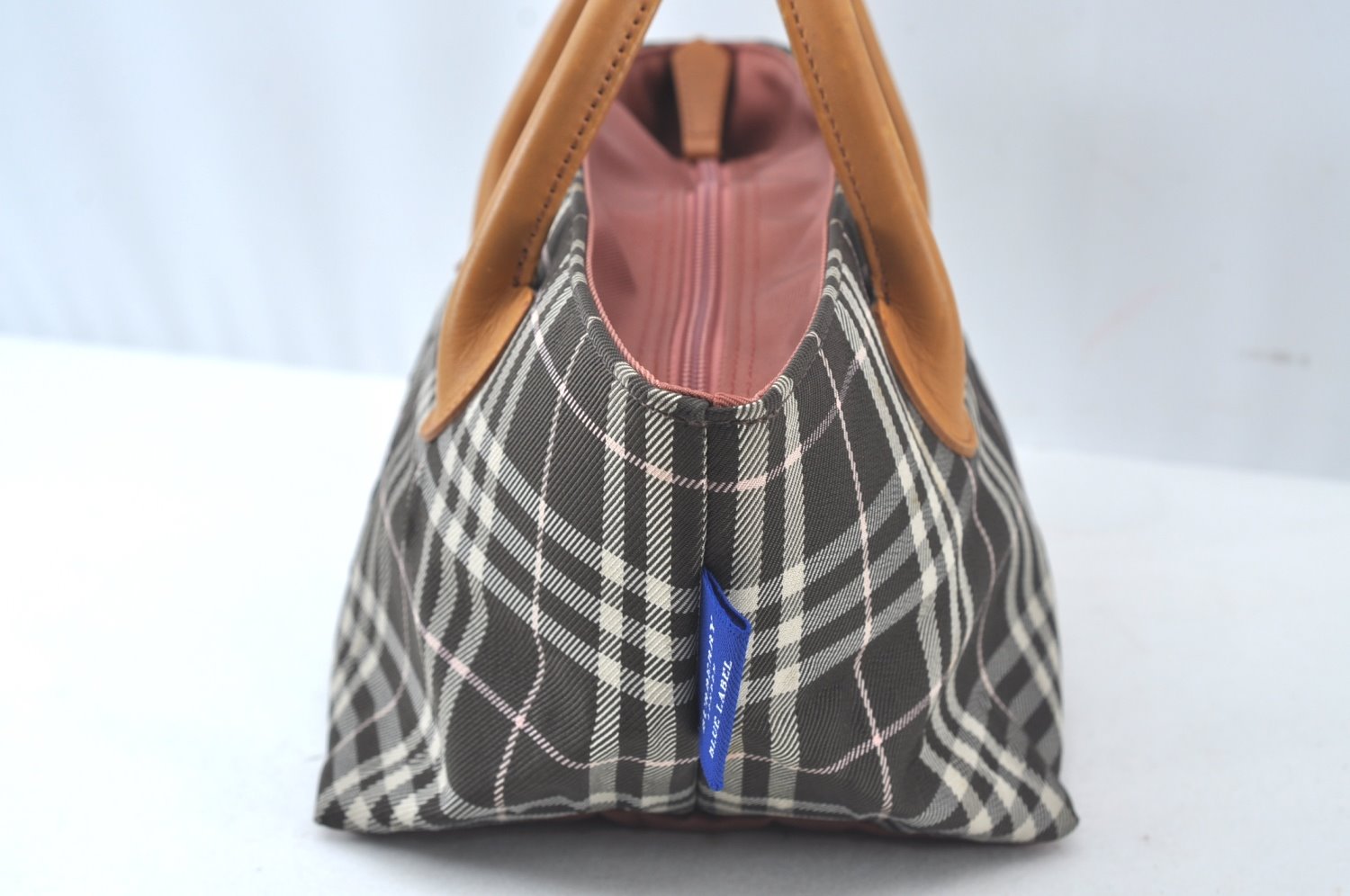 Authentic BURBERRY BLUE LABEL Check Tote Hand Bag Nylon Leather Brown 7713J