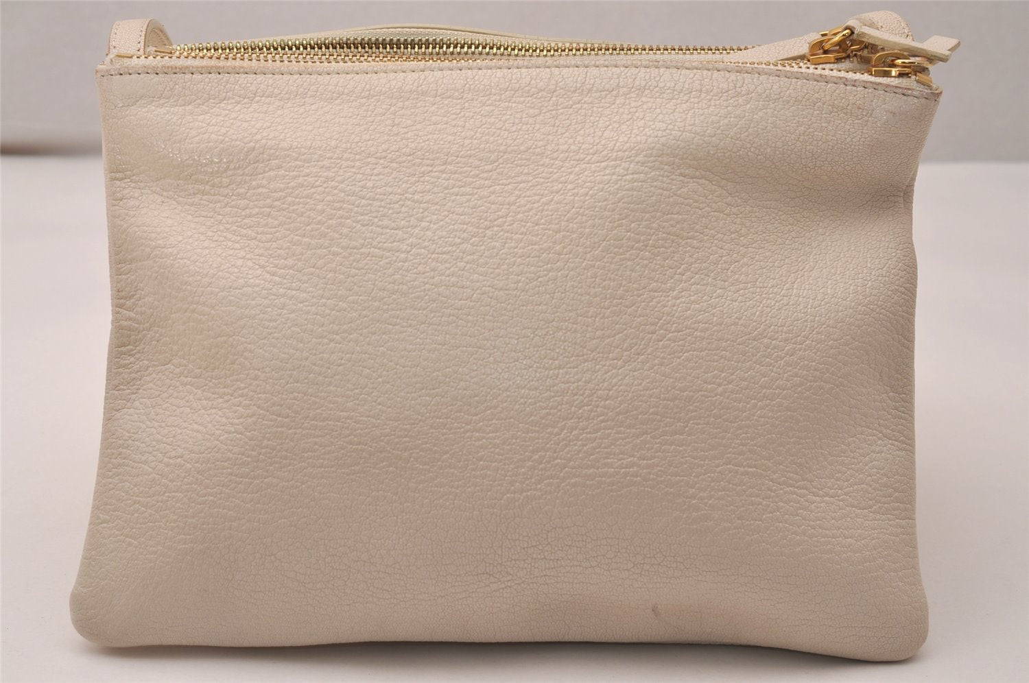 Authentic CELINE TRIO Shoulder Cross Body Clutch Bag Purse Leather White 7722J