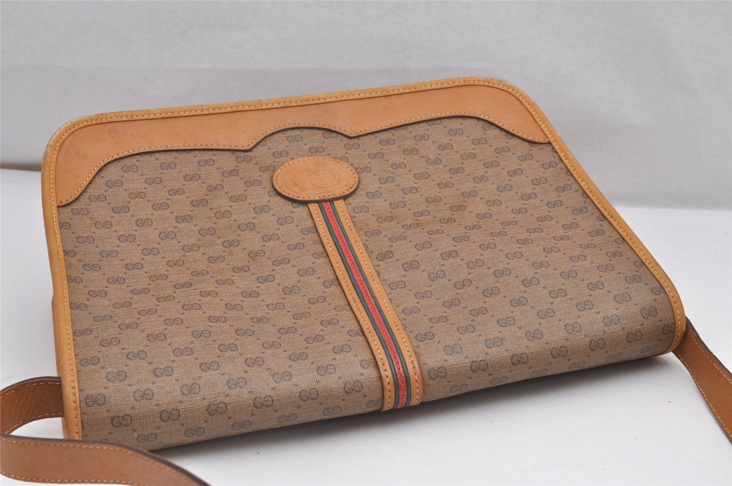 Authentic GUCCI Web Sherry Line Micro GG PVC Leather Shoulder Bag Brown 7727I