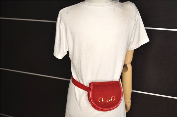 Authentic GUCCI Horsebit Waist Body Bag Purse Suede Leather Red Junk 7727J