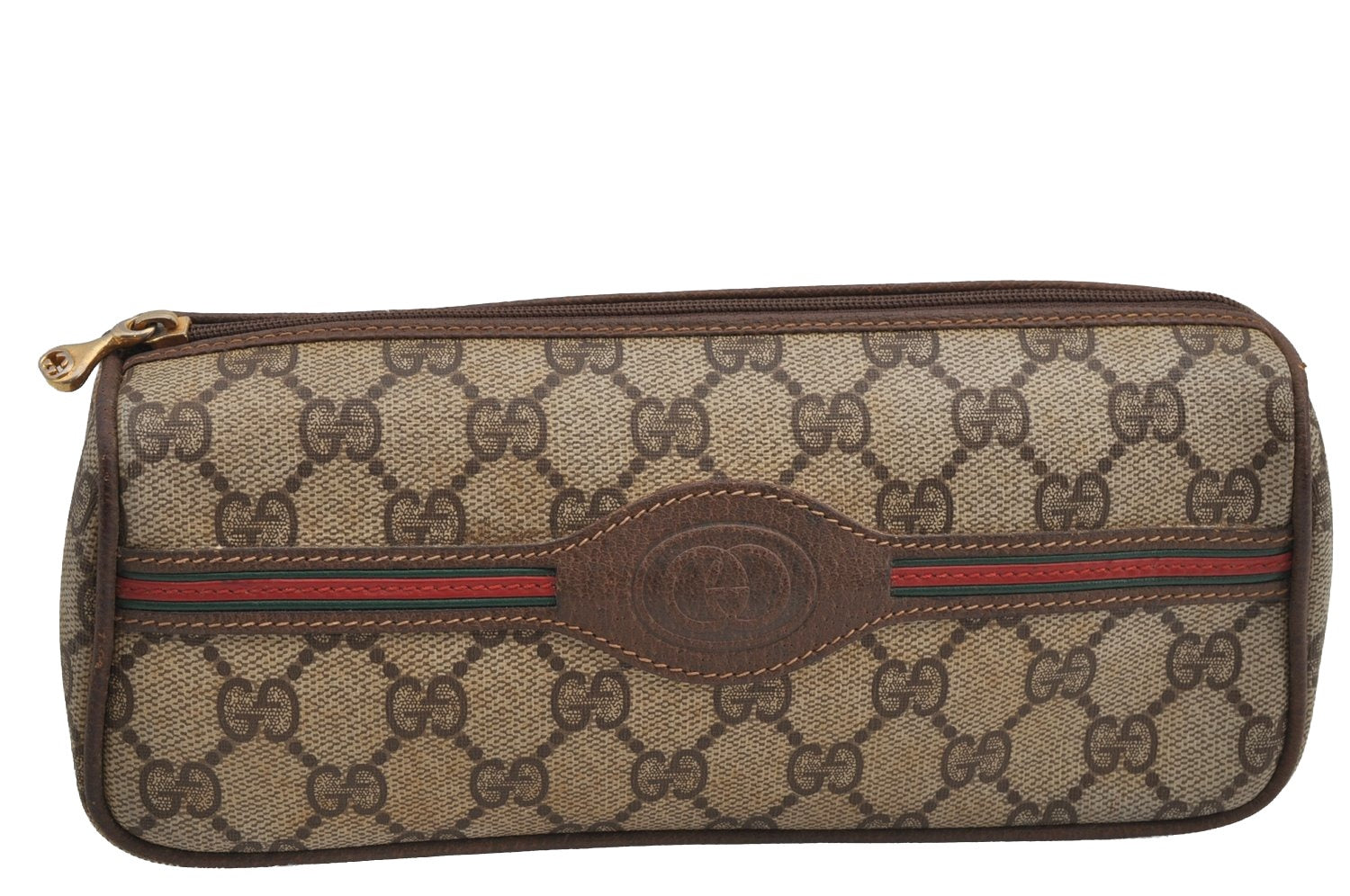 Authentic GUCCI Web Sherry Line Clutch Hand Bag GG PVC Leather Brown Junk 7728I