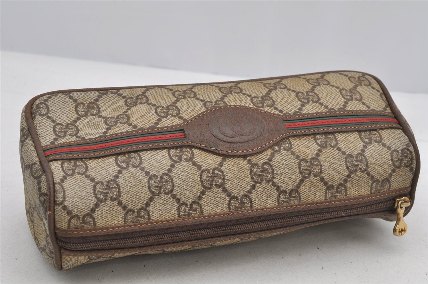 Authentic GUCCI Web Sherry Line Clutch Hand Bag GG PVC Leather Brown Junk 7728I