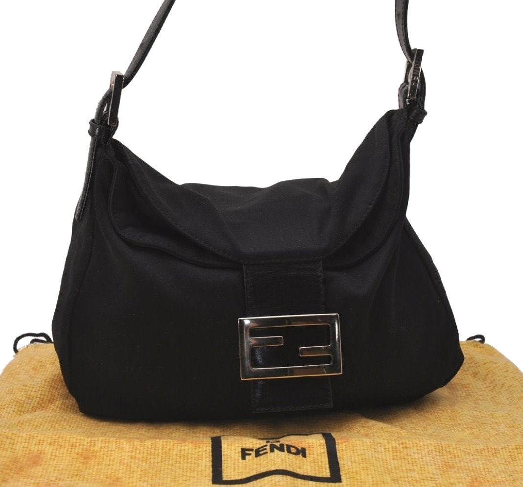 Authentic FENDI Mamma Baguette Shoulder Hand Bag Jersey Leather Black Junk 7728J